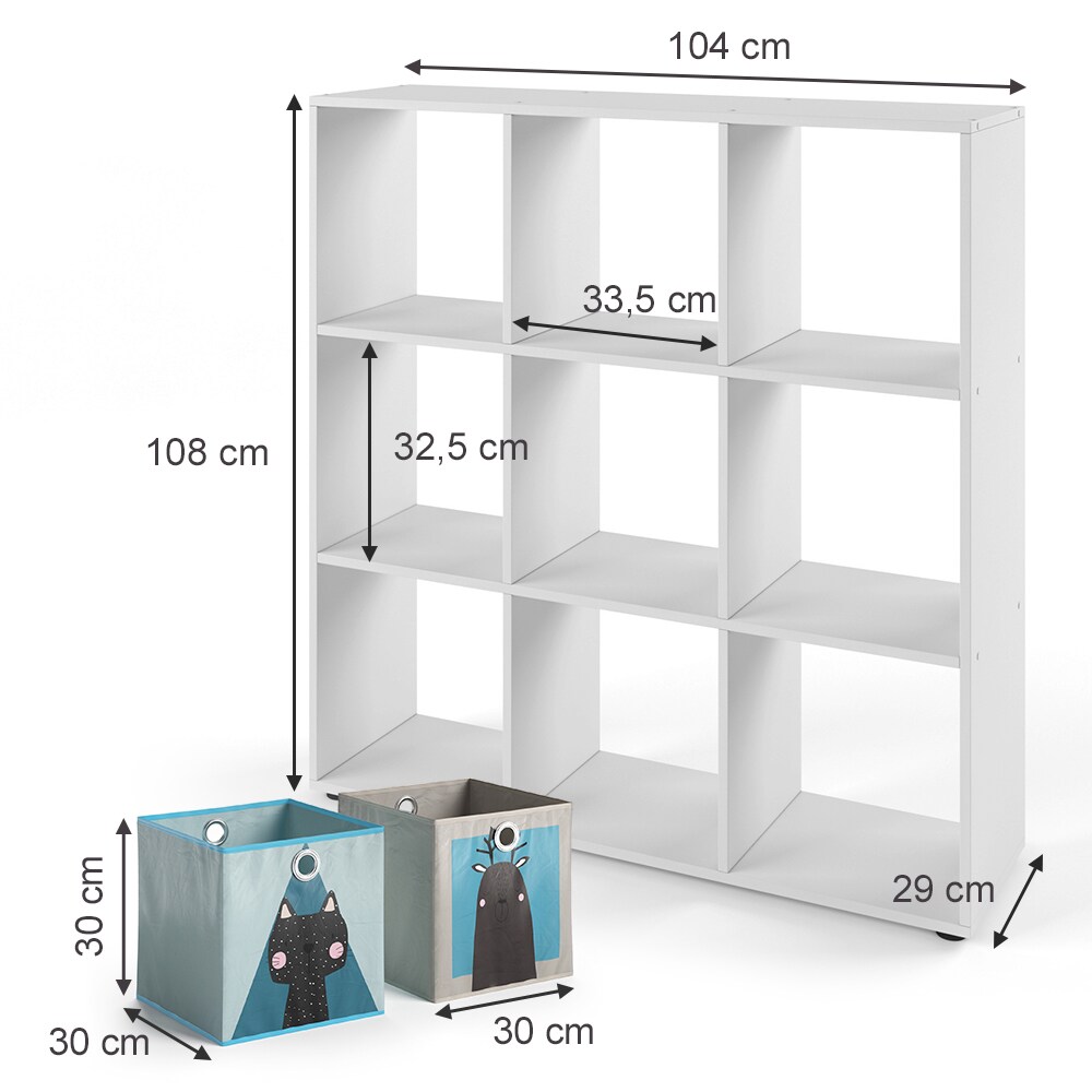 Würfelregal Raumtrenner Standregal Nove Weiß 9 Fächer Kinder-Faltboxen Vicco