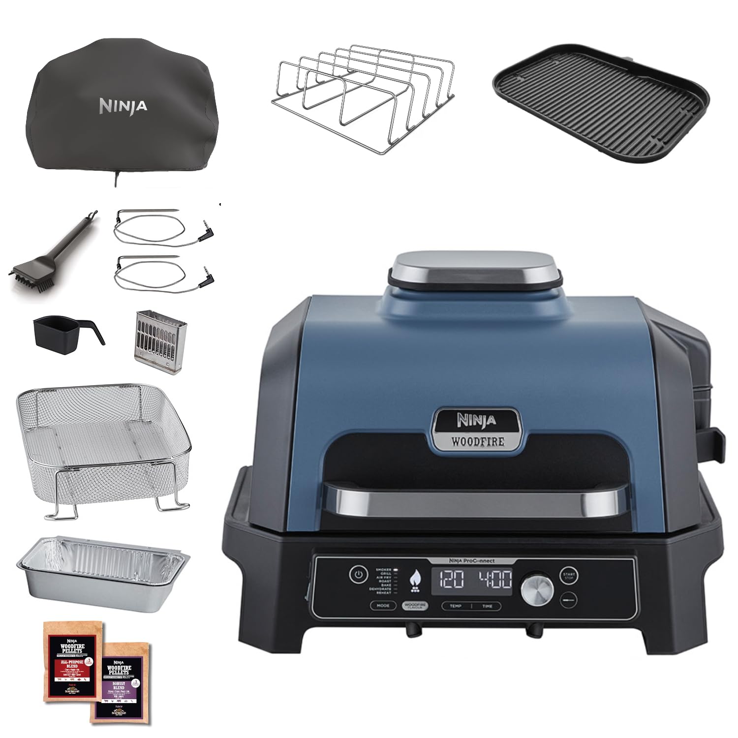 Ninja Woodfire Pro Connect XL Barbecue Électrique & Fumoir avec Contrôle d'Application, 2 Sondes, Grille, Housse, Revêtements & Brosse, Grill & Friteu