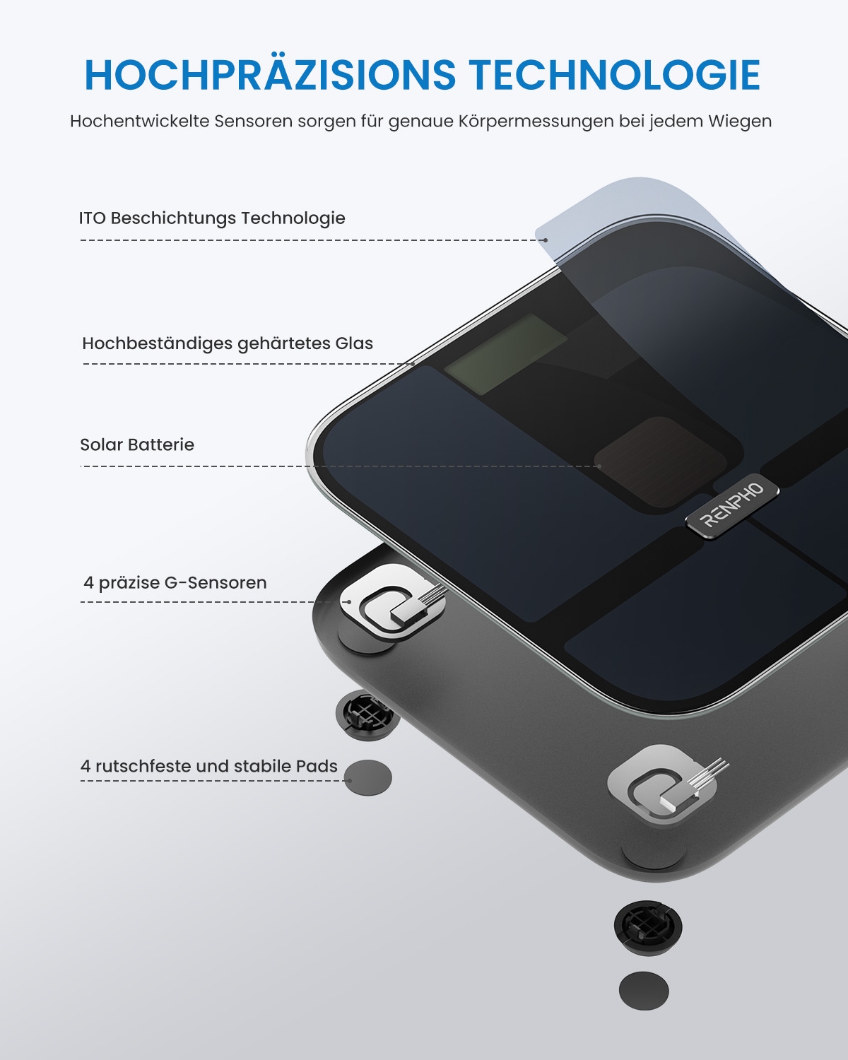 Renpho Körper-Analyse-Waage »Elis Solar 2 Smart Body Scale A020« Smarte Solar-Körperanalysewaage mit 13 Körpermessungen