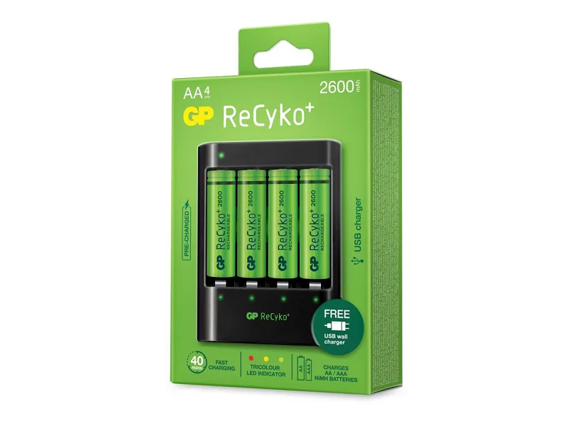 GP Batteries ReCyko  4 x AA Genopladelige Batterier 2600 mAh   Hurtig Oplader