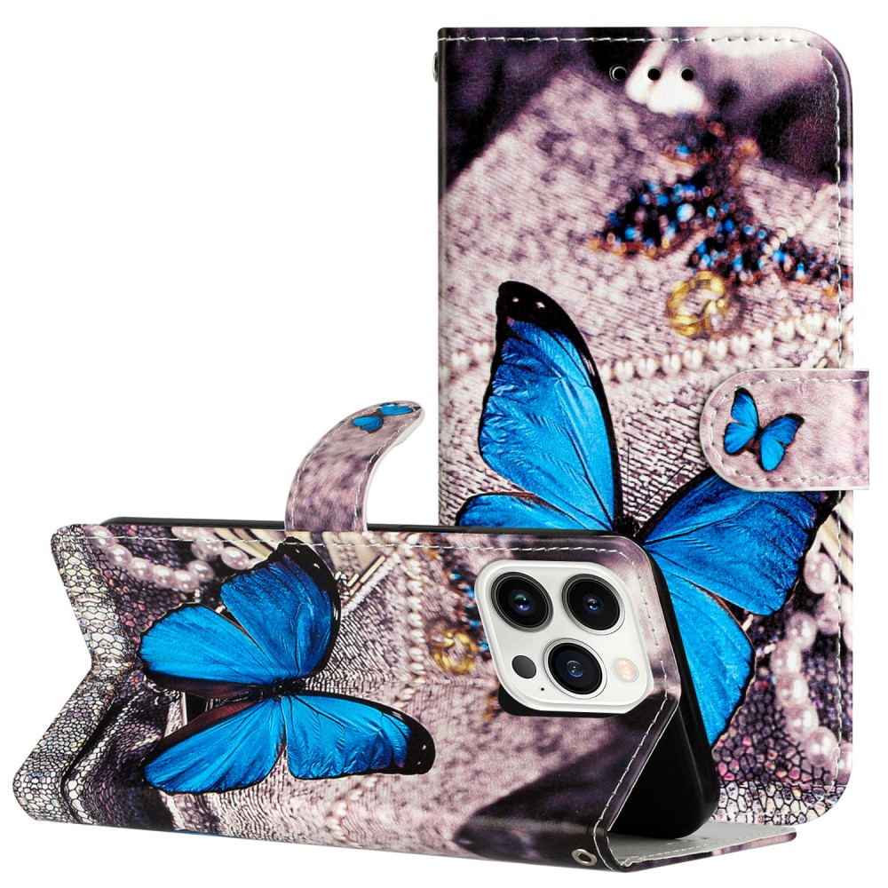 iPhone 16 Pro Max Leder Tasche Hülle mit Kartenfach Blauer Schmetterling