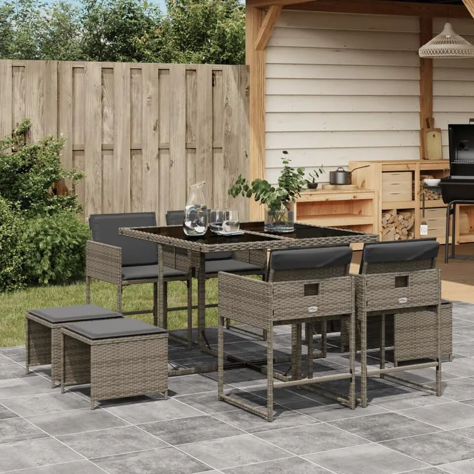vidaXL - 9-delige Tuinset met kussens 4 krukken - Grijs poly rattan - 110x106 cm