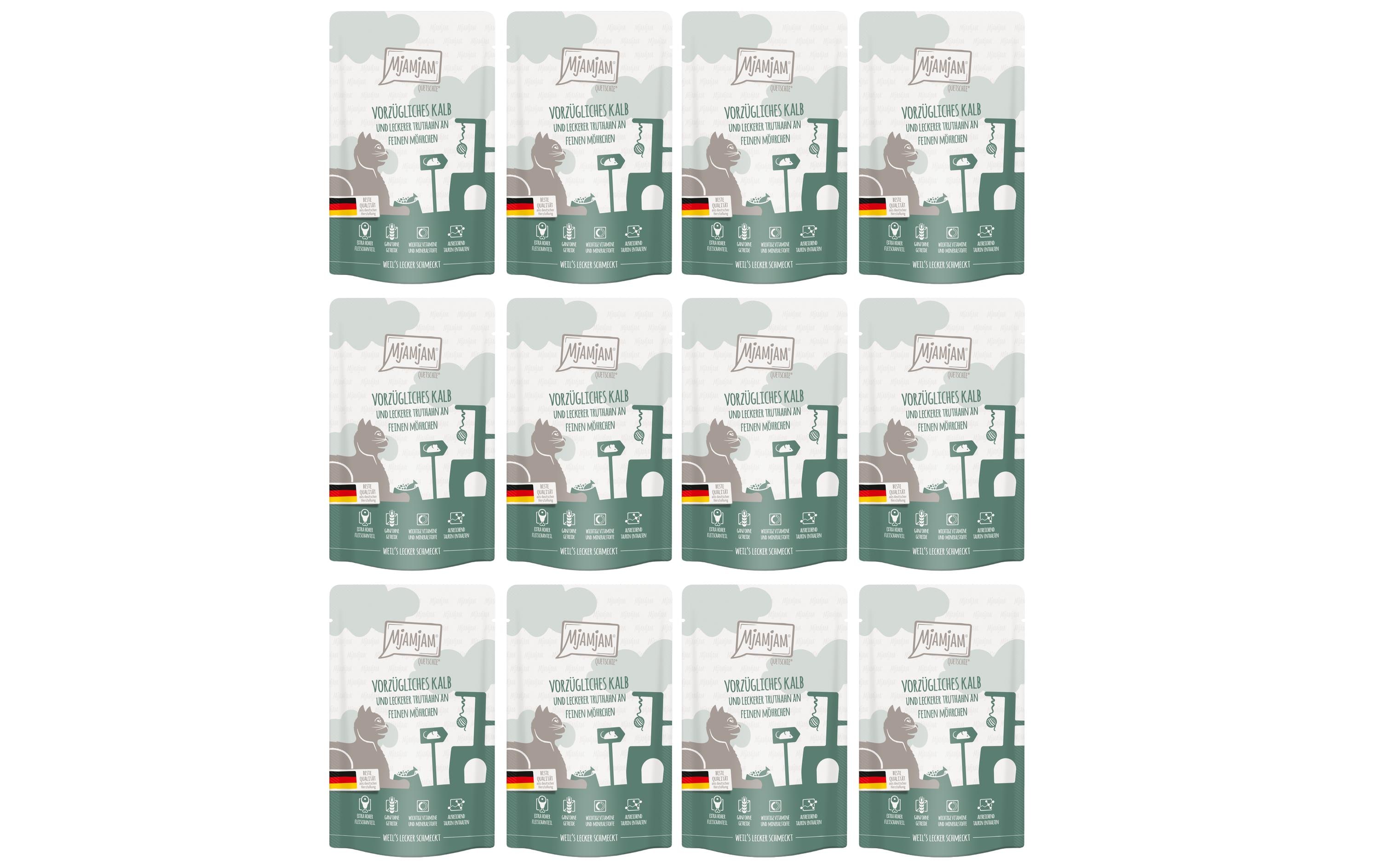 Nassfutter Quetschie Kalb & Truthahn, 12 x 125 gAlleinfuttermittel für ausgewachsene Katzen