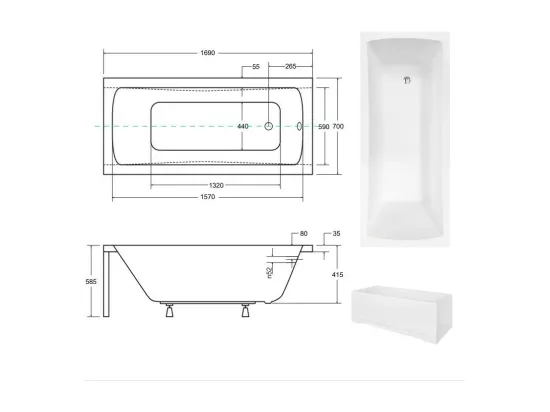 Baignoire MIRANO II avec tablier 140-150-160-170 x 70 - Dimensions: 170 x 70 cm