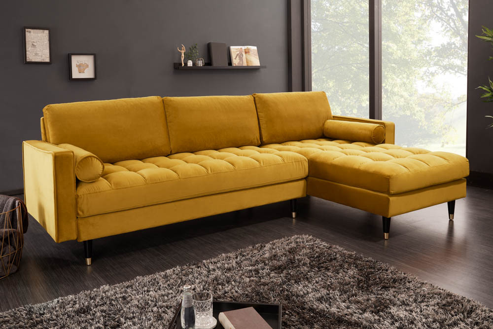Elegantes Ecksofa COZY VELVET 260cm senfgelb Samt Federkern 3-Sitzer