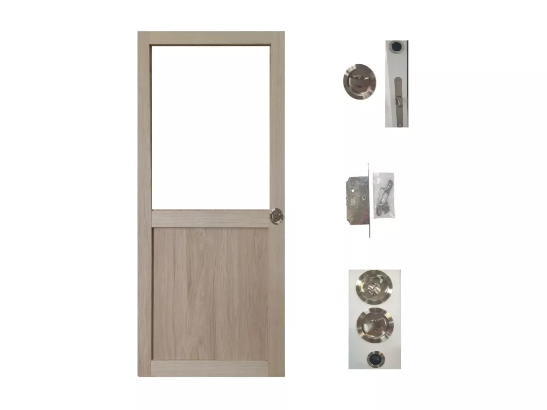 Porte Coulissante Atelier Placage Chene Vitree H204 X L73 + Serrure à Condamnation Gd Menuiseries