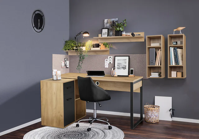 PLACES OF STYLE Eckschreibtisch »Moid, Computertisch, Kabeldurchlass, mit Regalfächern,« Schublade und Tür, flexibles Regalelement, 140x82-115 cm