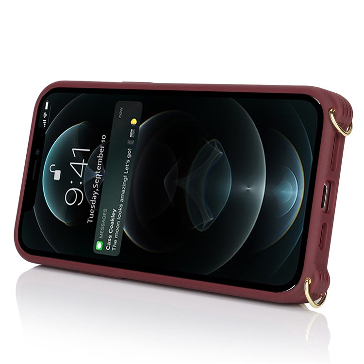 iPhone 12 / iPhone 12 Pro Necklace Leder Hülle mit Münzfach und Kartenfächer   Finger Griff Halterung   Handykette - Weinrot