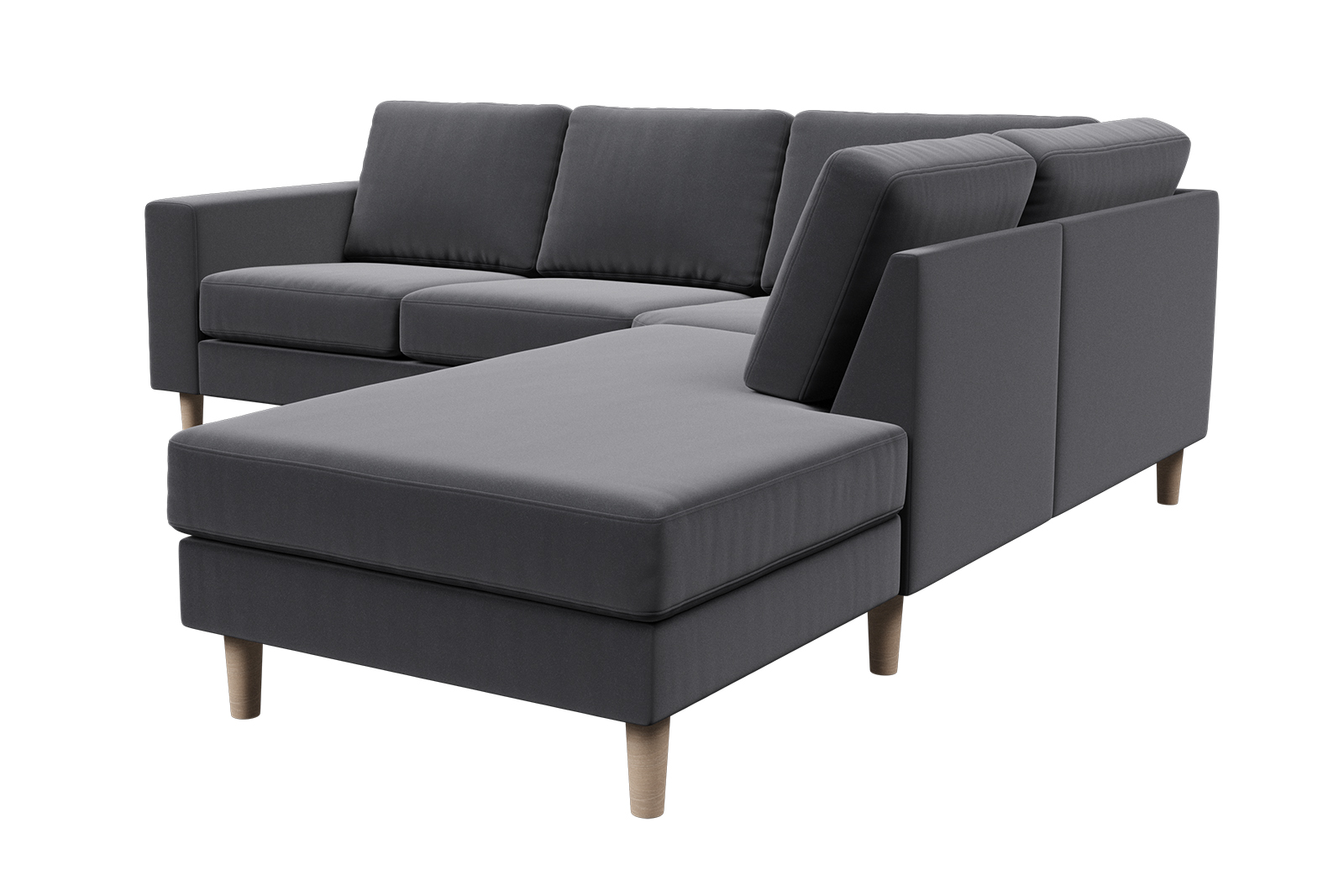 Hedda sofa Hjørnesofa 2,5-seter åpen ende høyre i tekstil Matt Velvet 97 grey, arm F 18 cm og ben 1 hvitoljet eik.