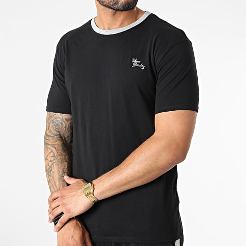 Ensemble Tee Shirt Et Pantalon Jogging A Bandes Changing Noir Gris Chiné