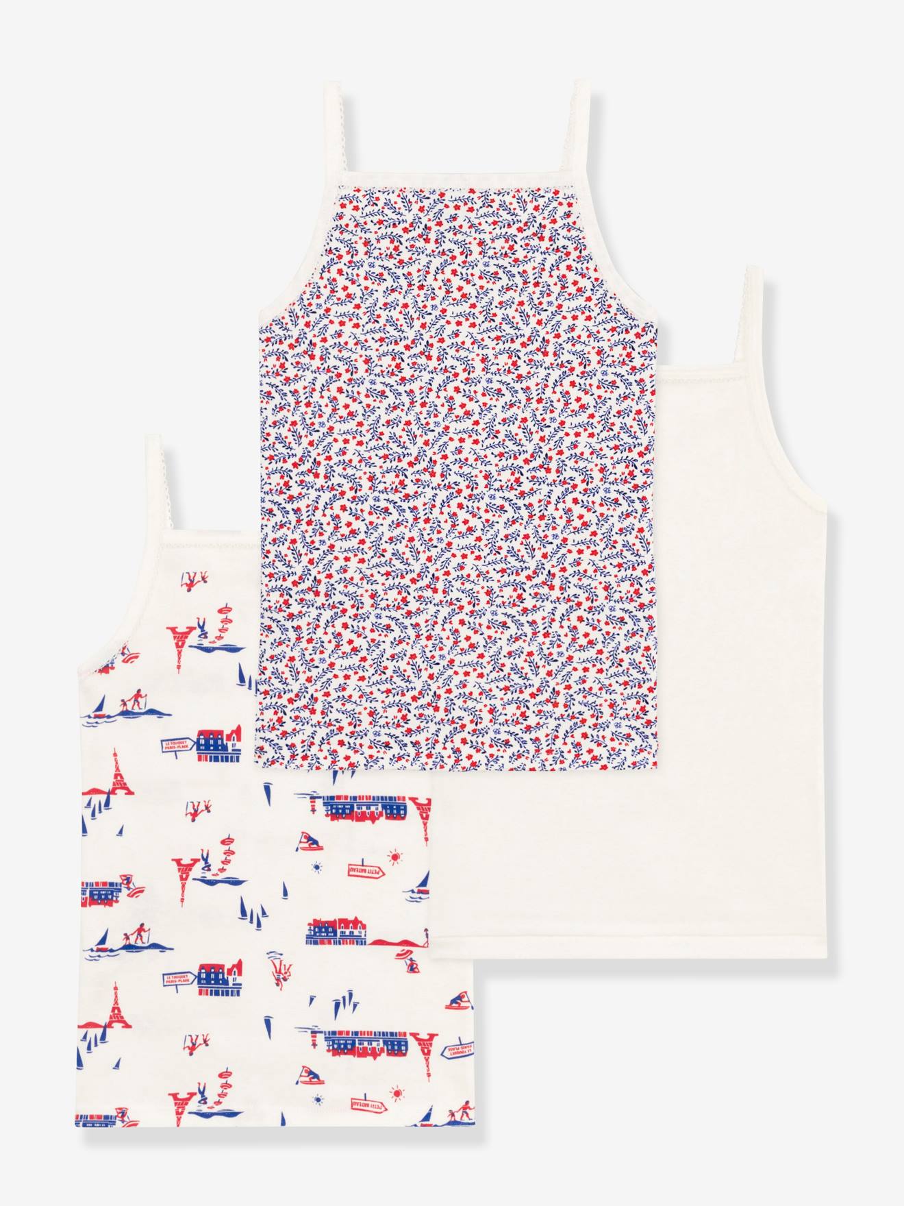 Pacote com 3 camisas suspensórias PETIT BATEAU em algodão orgânico, brancas.