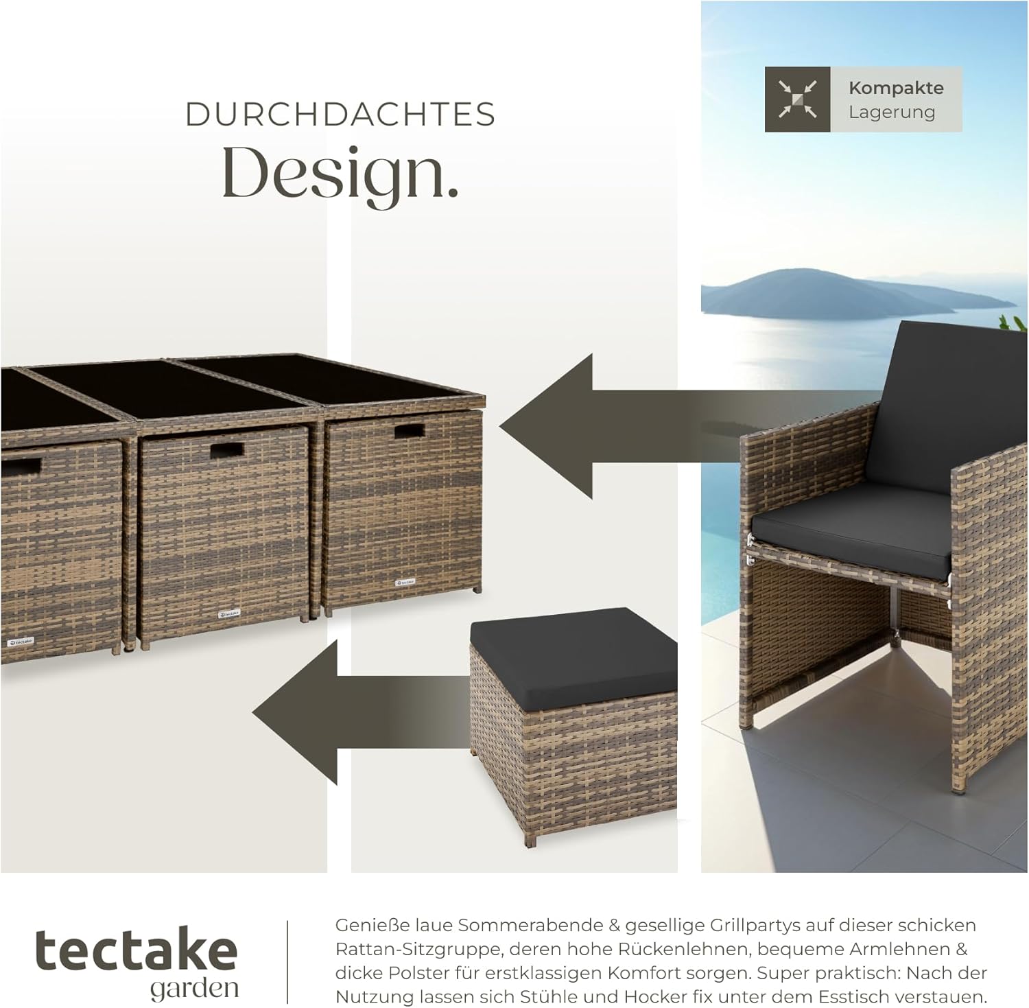 tectake Polyrattan Gartenmöbel Set, Sitzgruppe mit 6 Stühle +1 Glasplatte Tisch + 4 Hocker, Gartenlounge Set klappbar, für bis zu 10 Personen, Balkon Möbel, inkl. 2 Bezugsset - Natur