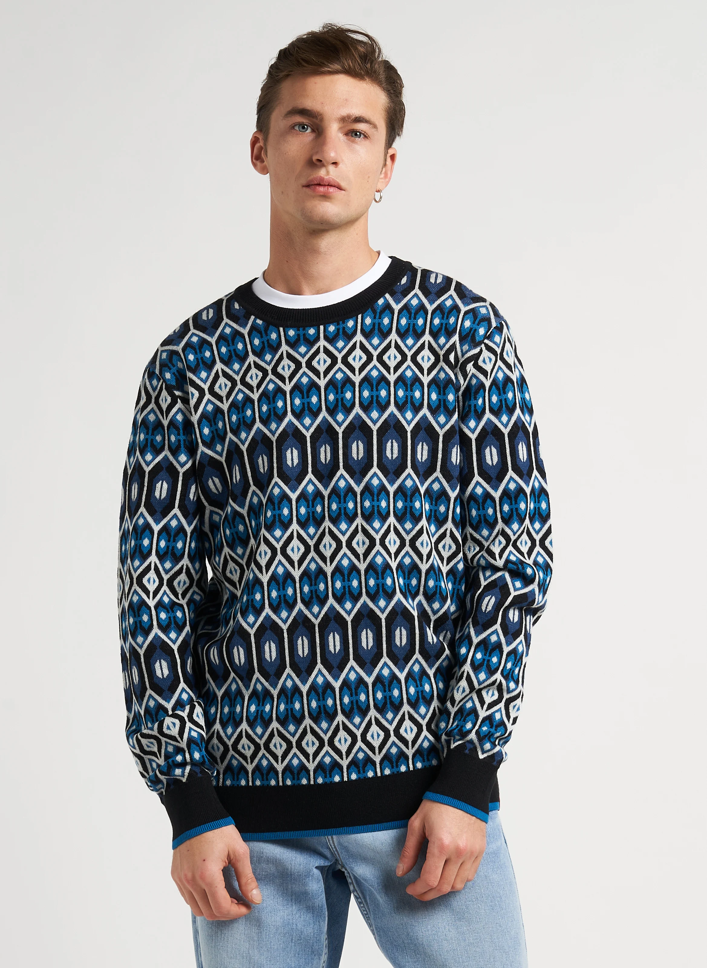 Pull col rond imprimé en laine mélangée | Bleu