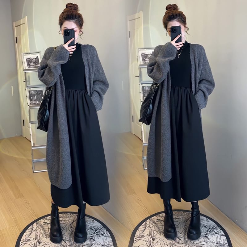 Levsayte - Zwangerschapsjurk met lange mouwen en een mockneck, effen geplooid paneel, midi-A-lijn jurk / effen midi-cardigan met open voorkant