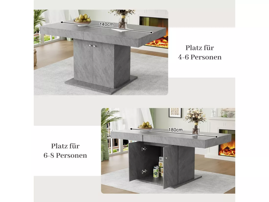 Table à manger extensible - 4 à 8 personnes - avec espace de rangement - panneaux de particules gris - 140/180x80x76cm