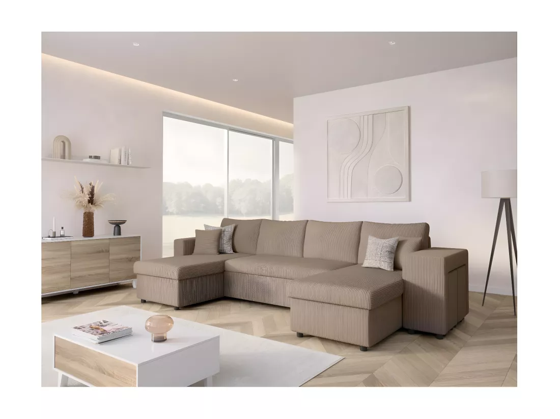 Canapé panoramique Oslo convertible avec 2 coffres, 2 poufs à droite en velours côtelé taupe - L311 x P146 x H81cm - Loungitude