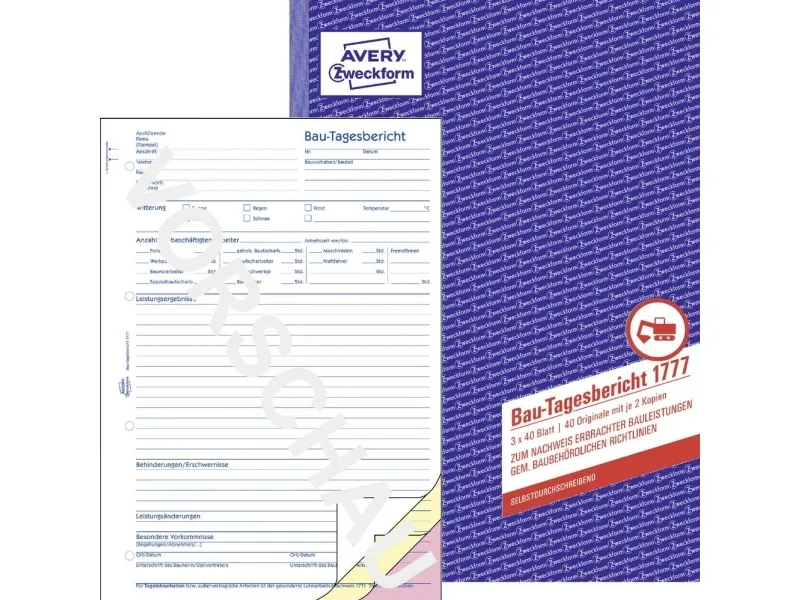 Avery Zweckform - Byggers dagbog - 40 ark - A4 - triplikat - karbonfri