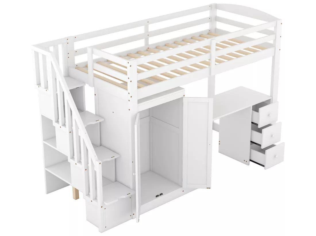 Lit mezzanine 90 x 200 avec armoire et escalier, bureau et tiroirs - Pin + MDF - Blanc