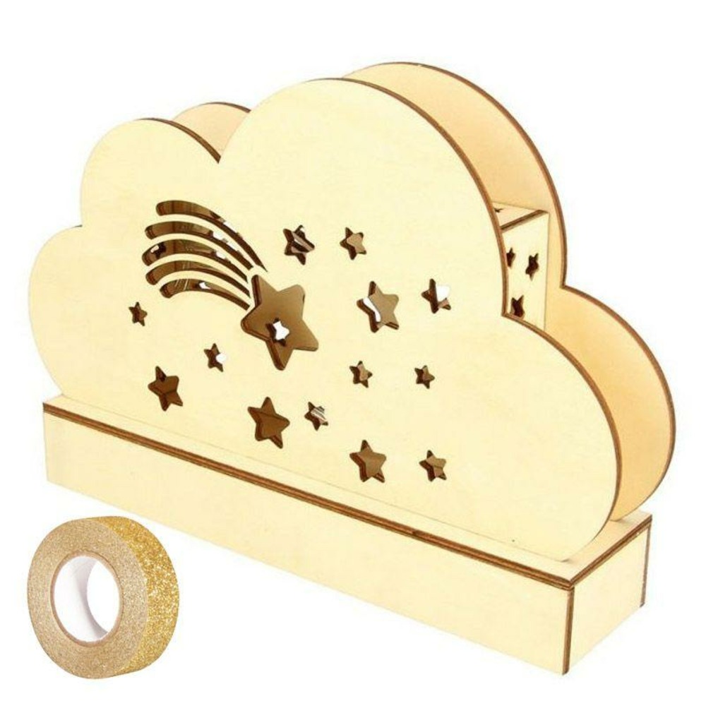 Lampe nuage bois à décorer 25 x 13,7 cm + masking tape doré à paillettes 5 m