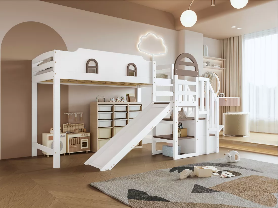 Lit mezzanine pour enfant - 90 x 200 cm - avec toboggan et fenêtre - 2 rangements dans l'escalier - pin+MDF - blanc+marron