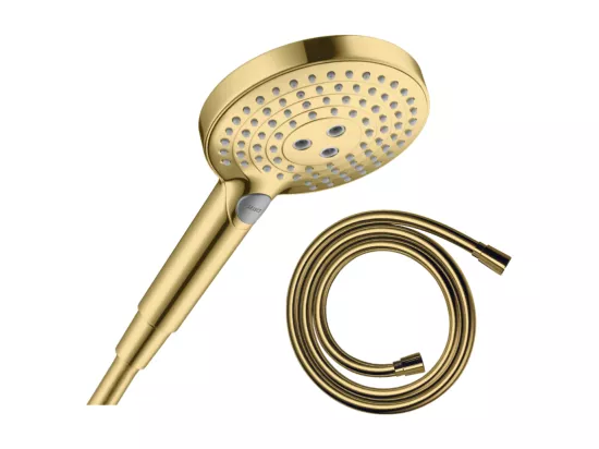 Pommeau de douche HANSGROHE Raindance Select S EcoSmart 120 3 jets aspect doré poli + flexible de douche 1,25 m HANSGROHE Isiflex aspect doré poli
