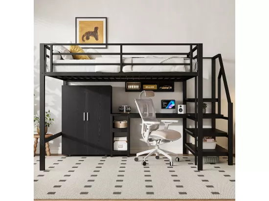 Lit en mezzanine 140*200 cm, armoire, étagères, échelle de rangement, bureau, sans matelas, noir