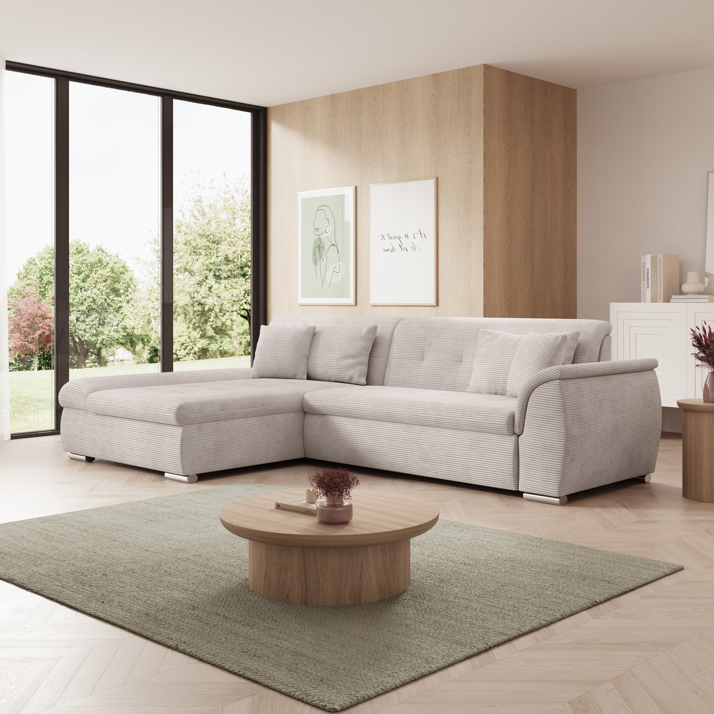 Alberta - Hoekbank 3-zits met slaapfunctie - Ribstof beige - Links - 286x170x80 cm