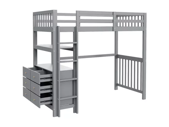 Lit mezzanine 90×200 échelle de sécurité verticale tiroirs et étagères clôture design haute sommier à lattes lit simple en pin gris