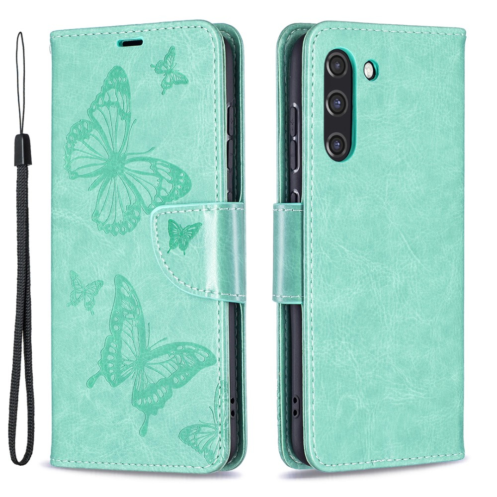 Samsung Galaxy S21 FE 5G Leder Tasche mit Kartenfach   Handschlaufe Schmetterling - Türkis