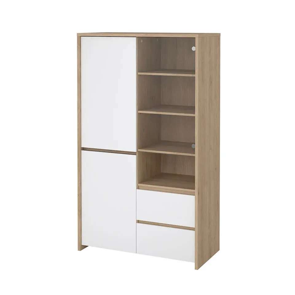 Hioshop Next vitrinekast 3 deuren- 2 lades- 1 plank eiken decor- wit hoogglans