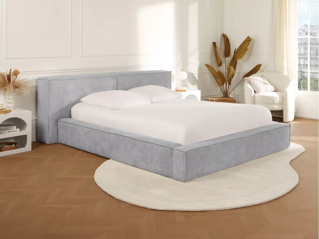 Lit coffre 180 x 200 cm - Velours côtelé - Gris clair + Matelas - TIMANO de Pascal Morabito