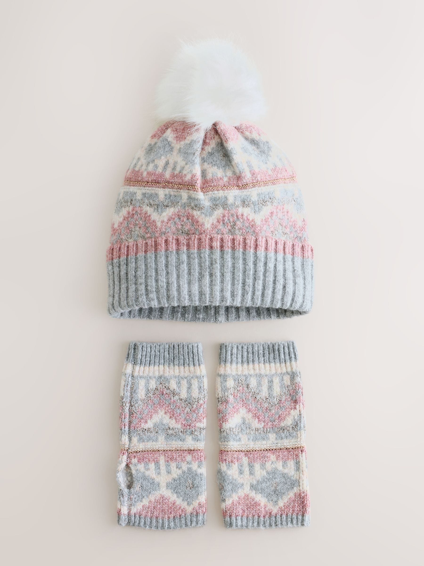 Pretty Fairisle - Pattern Knitted Pom Hat & Handwarmer Set