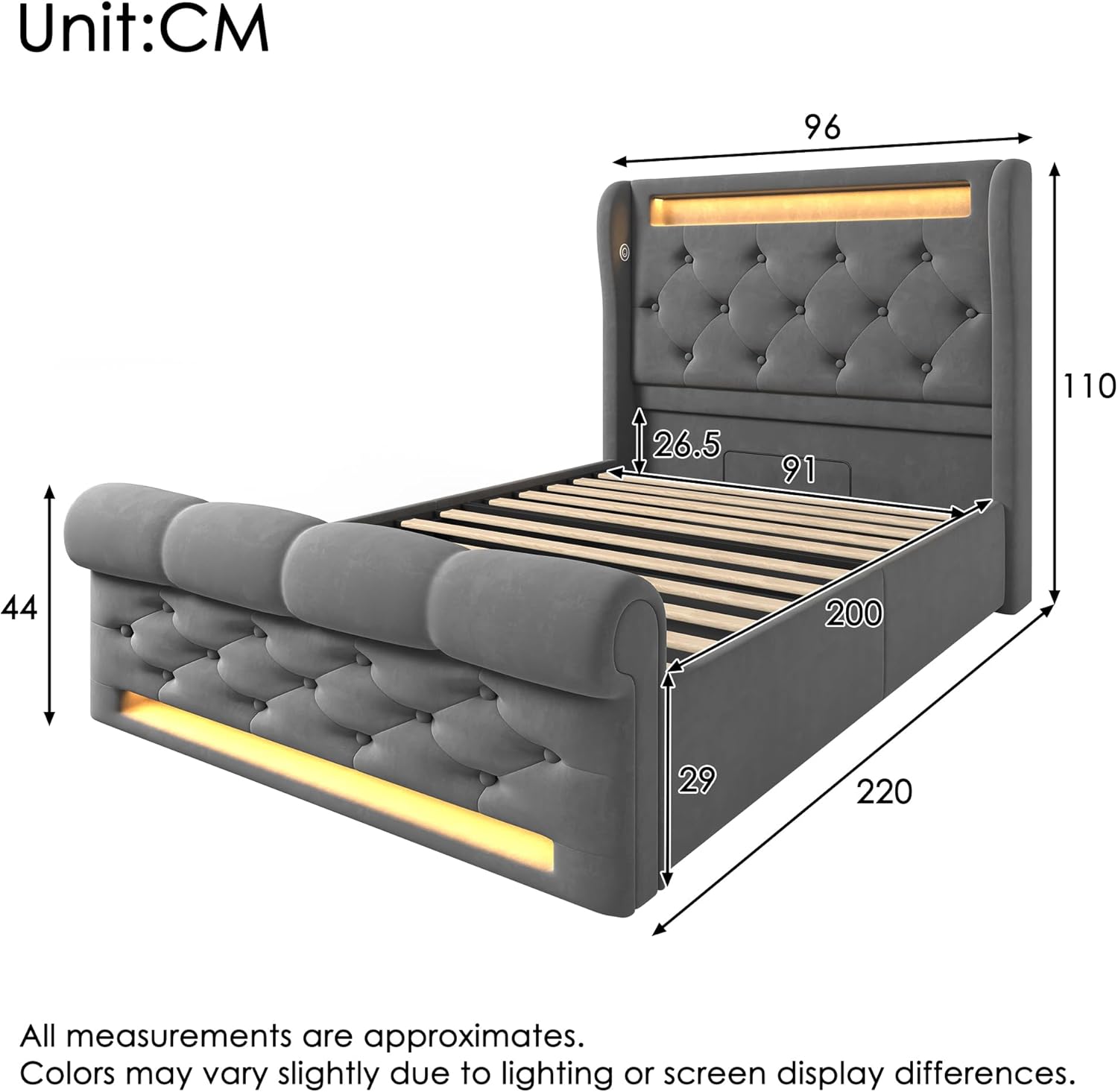 Polsterbett 90x200 cm, Einzelbett mit LED-Leuchten, Kopfteil mit USB- und Typ-C-Anschlüssen, Hydraulisches Stauraumbett, für Jugendliche und Erwachsene, Samt, Grau (Ohne Matratze)
