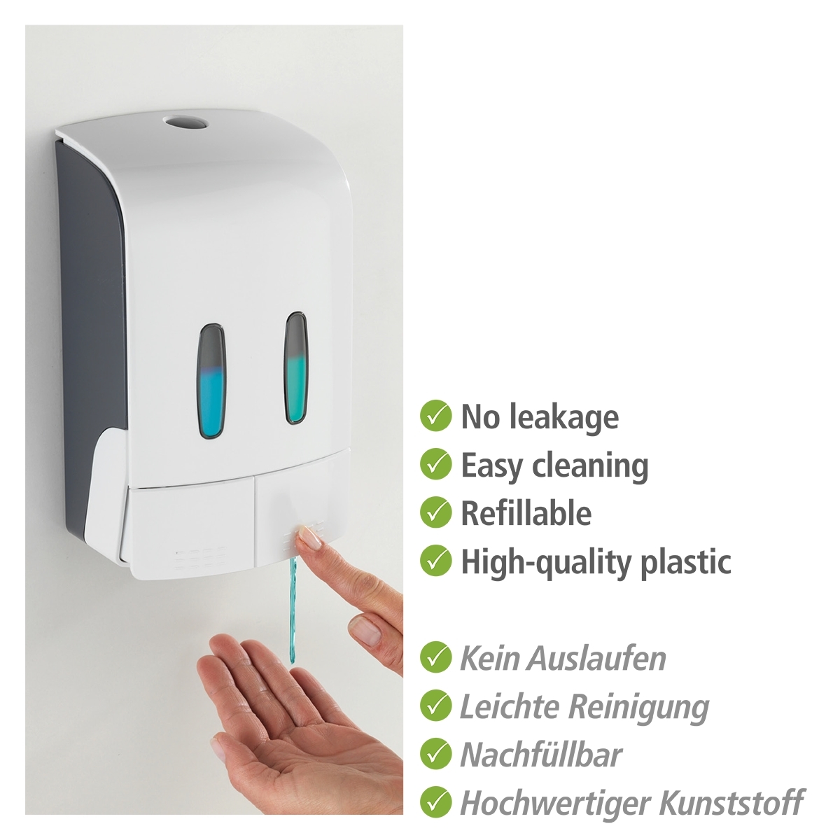 Wenko Tartas desinfectie & zeep wanddispenser 2x480 ml kunststof wit mat