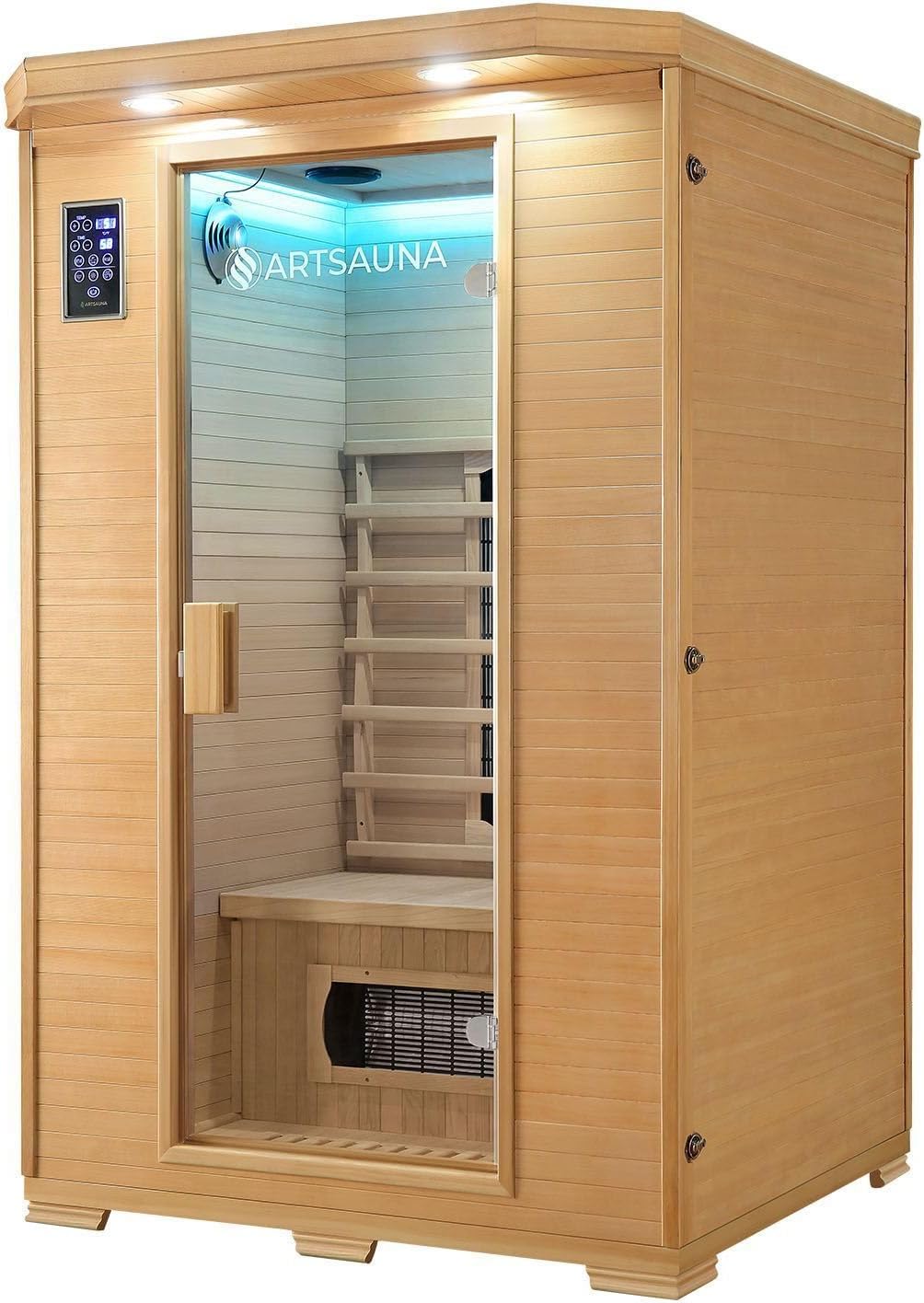 Artsauna Infrarotkabine Oslo - Wärmekabine mit Keramikstrahler & LED-Farblichttherapie für 2 Personen - Infrarotsauna 120x100 cm aus Hemlockholz