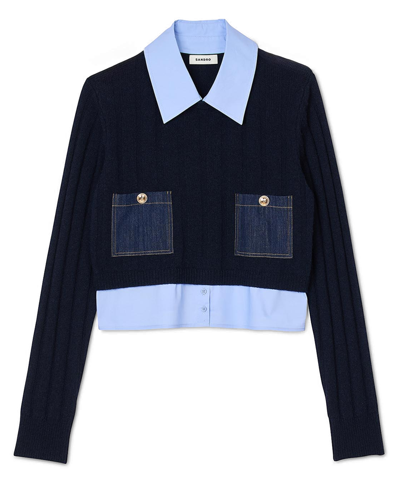 Pull col classique droit en laine et cachemire| Bleu