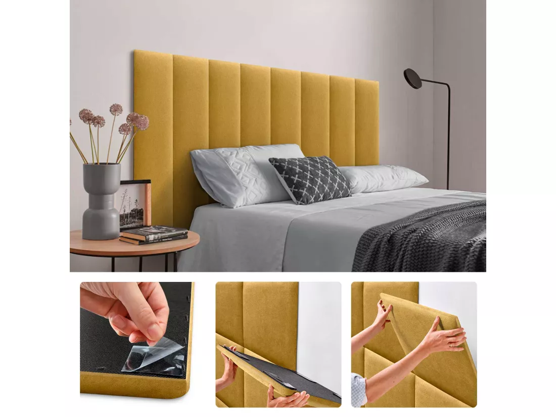 DHOME Lot de 8 Panneaux Rembourrés en Tissu Aqualine Autocollants pour Mur Acoustiques Absorbants Protection contre les Chocs (Moutarde, 60x30cm, x8)