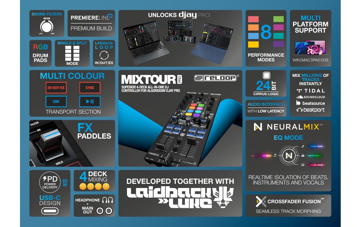 DJ-Controller Mixtour Pro<br>All-In-One 4-Deck DJ-Controller mit Audio Interface