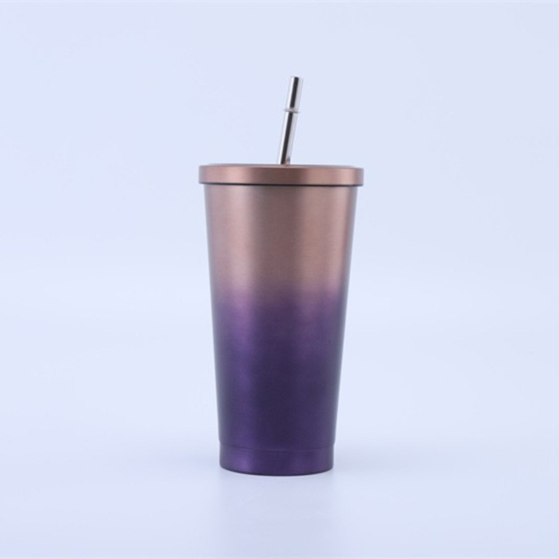 (500ml) Edelstahl Thermo Kaffee Becher mit Deckel   Strohhalm - Farbverlauf Lila