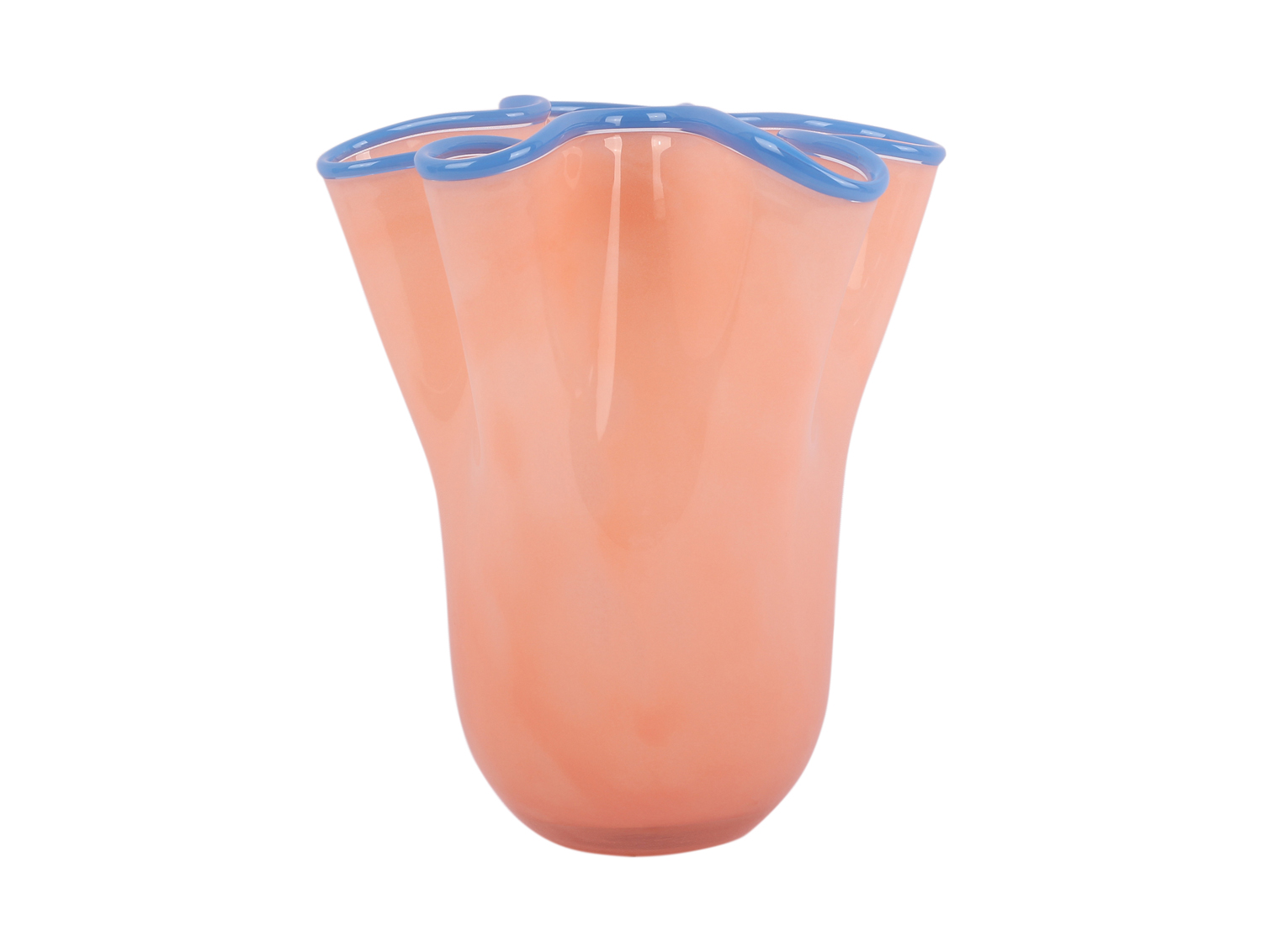 Vase Ruffles glass medium peach orange w. jeans blue rim