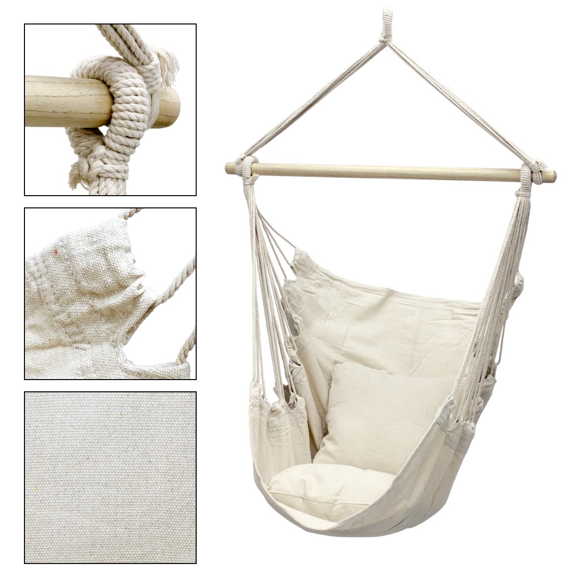 ECD Germany Hangstoel met 2 kussens - Katoen - Hardhouten dwarsbalk - Draagvermogen tot 120 kg - Beige - Binnen/buiten - Hangstoel, Hangstoel, Hangschommel, Hangmat, Hangmand, Schommelstoel, Zitplaats