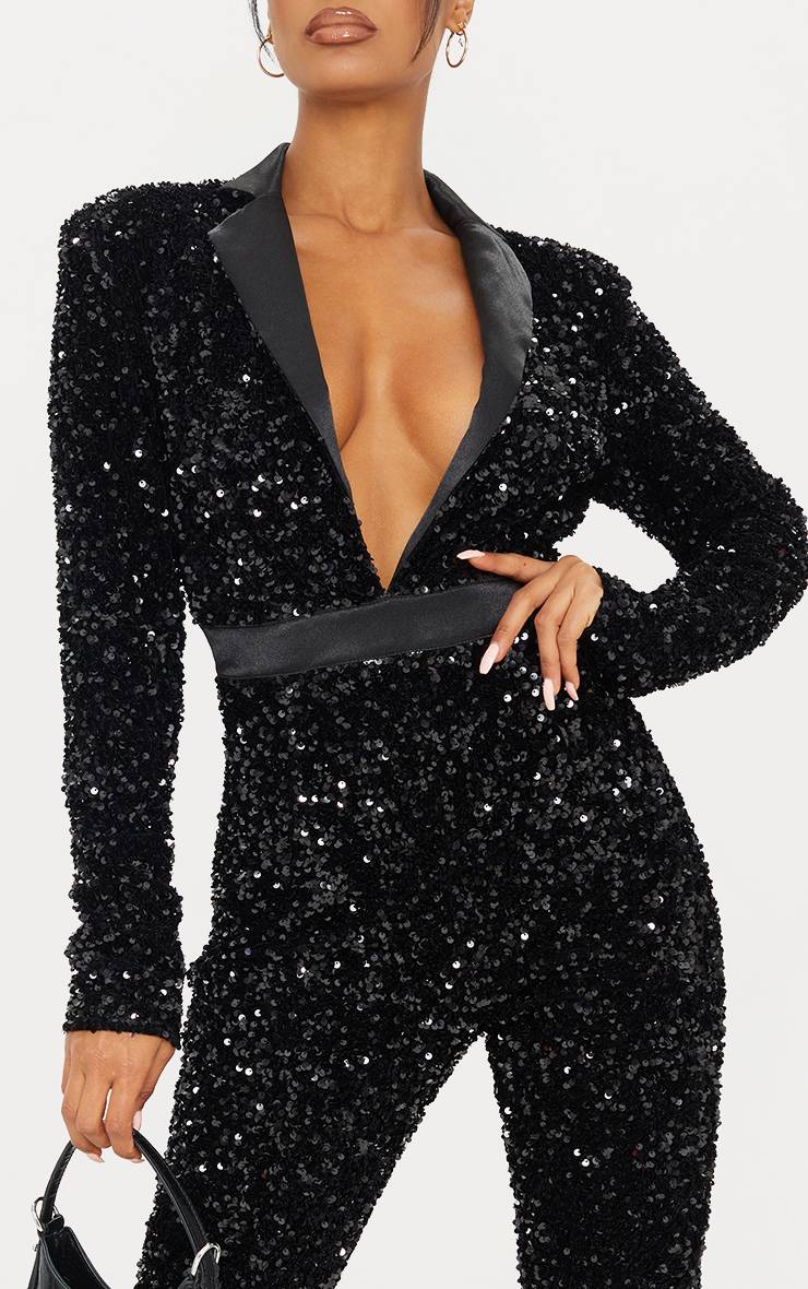 Noir Combinaison Pantalon Ajustée En Velours À Sequins Avec Décolleté Plongeant