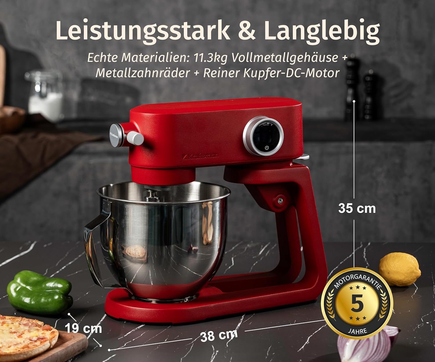 5L Vollmetall-Küchenmaschine,Pizzateig Knetmaschine,Teigmaschine mit leisem Kupfer-DC-Motor, 4 Edelstahl-Aufsätzen ohne Beschichtung und universellem Multifunktionsanschluss