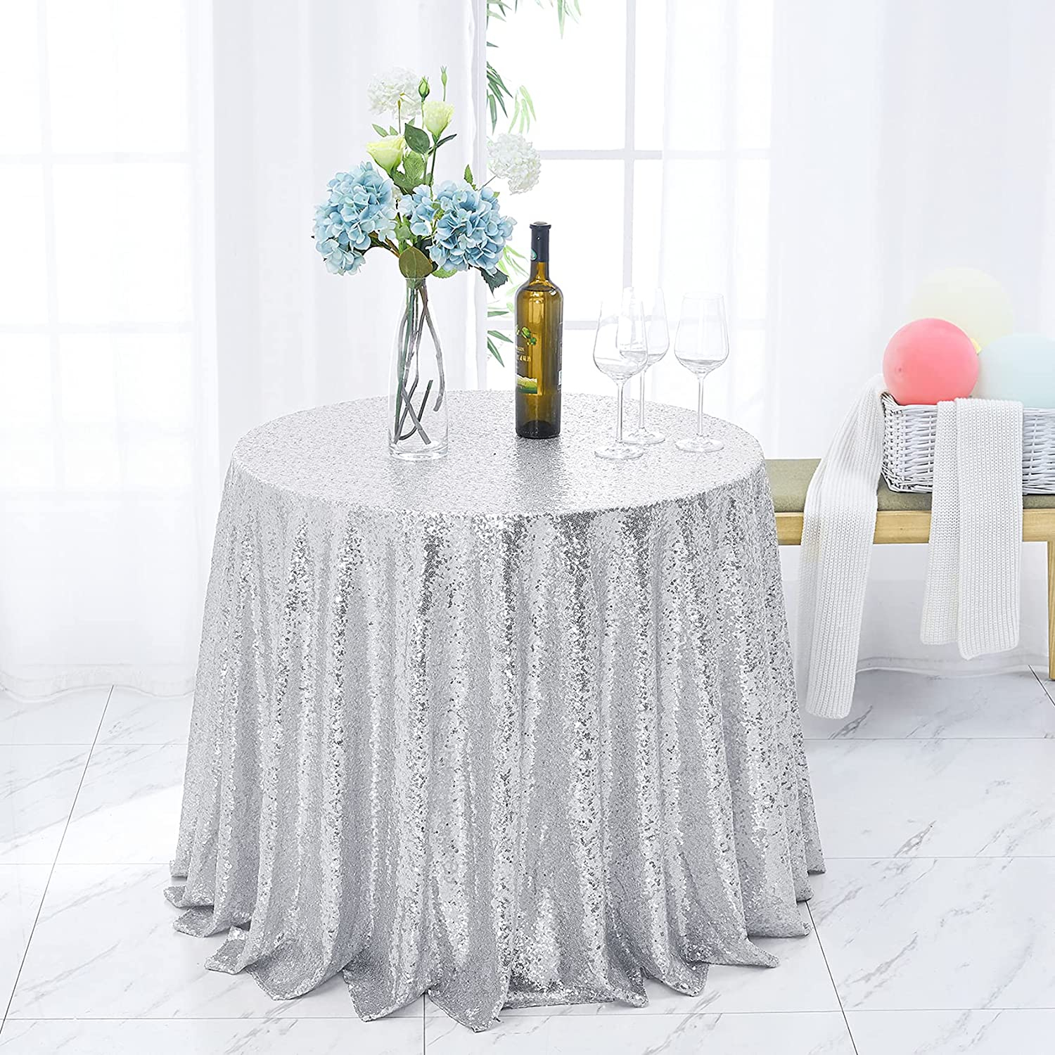 (Ø100cm) Glitzer Tischdecke Party Dekoration Pailletten Tisch Tuch - Silber