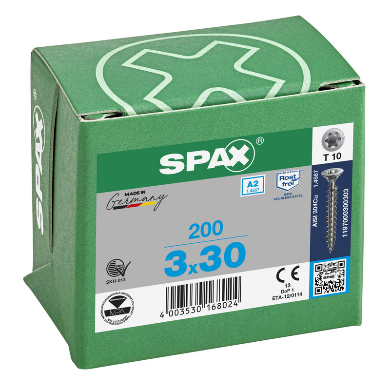 Spax universele schroeven T-STAR plus platkop voldraad RVS 3x30mm TX10