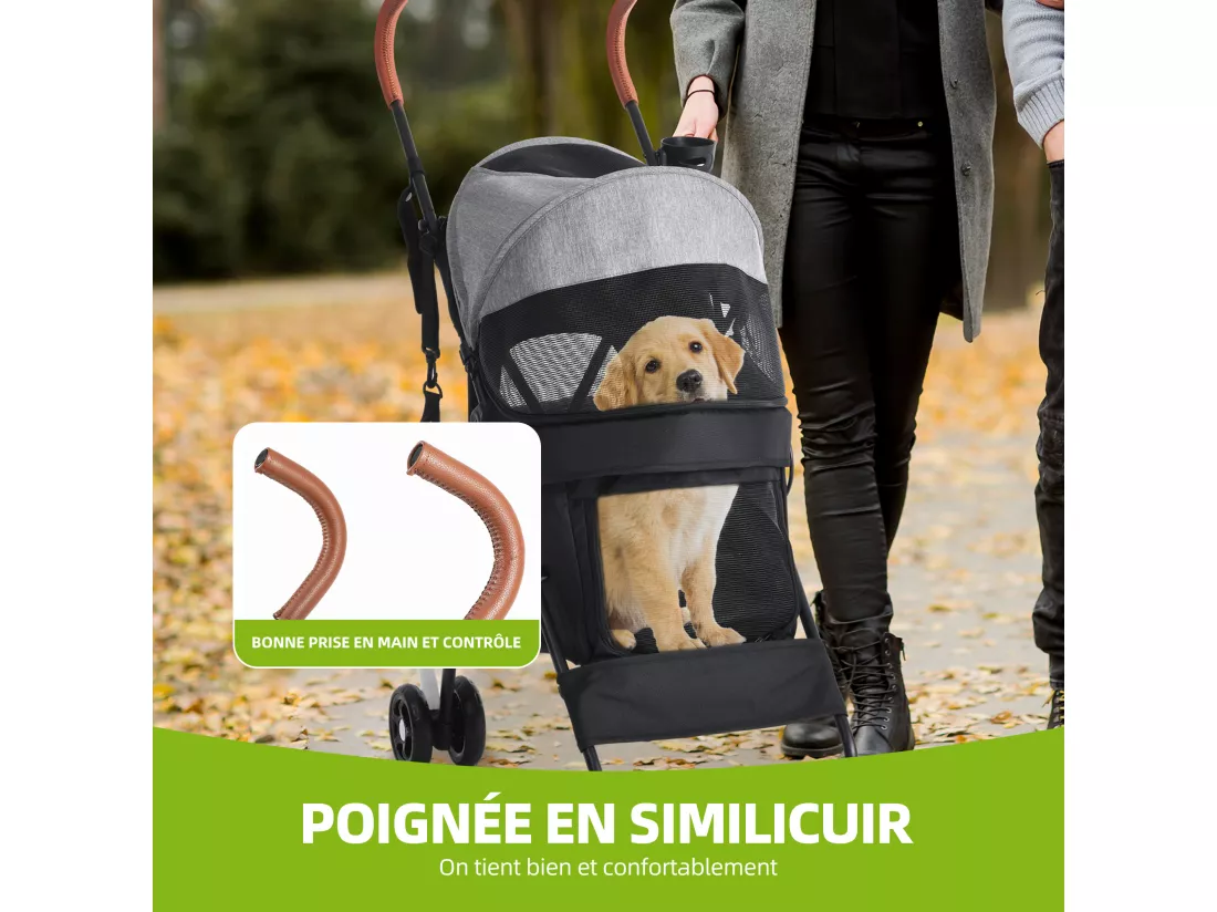 YITAHOME Poussette pour Chiens de Petite et Moyenne Taille - à 4 Roues avec Bretelles - Pliable - Porte-Gobelet - Gris
