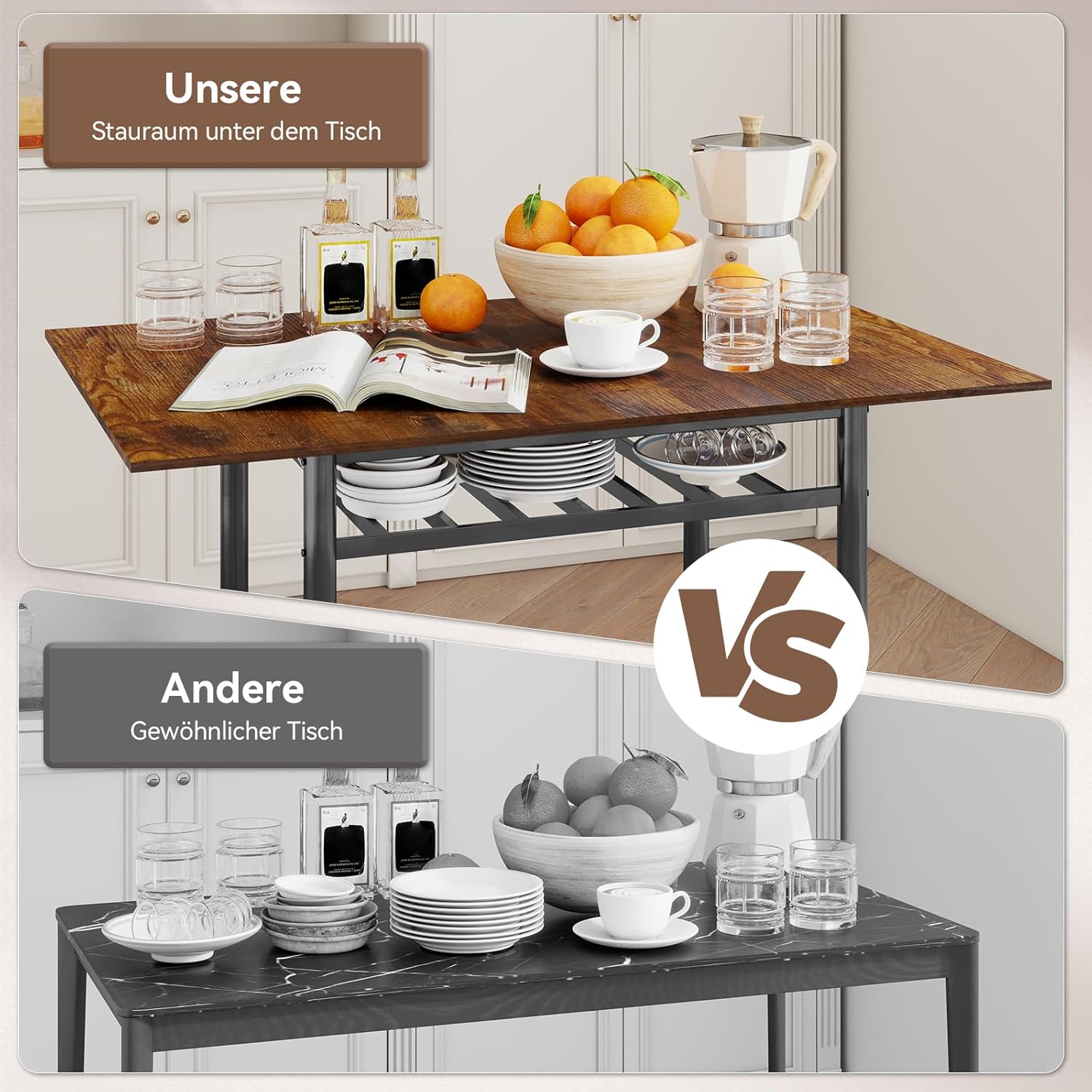 ARTETHYS Essgruppe Esstisch Ausziehbarer 60-120cm mit 2 Stühlen & Bänken, Klappbarer Küchentisch-Set mit Metallgestell Esszimmergruppe, Industrial Sitzgruppe Esszimmer, Ablagefach, Vintage Braun