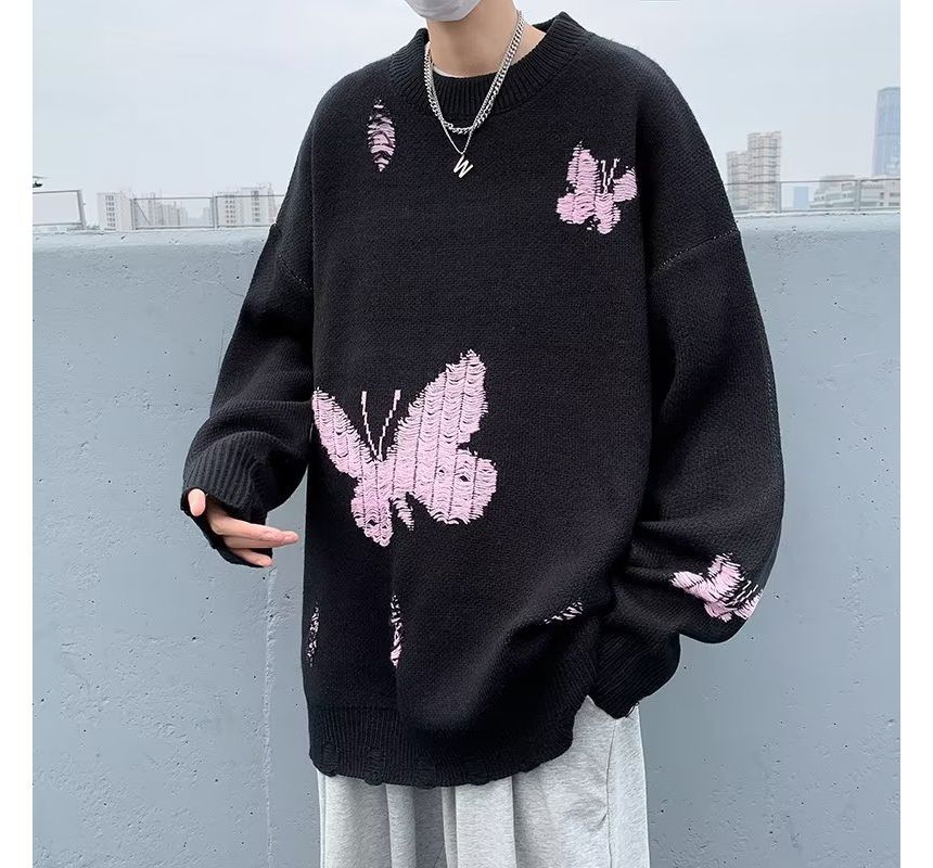 Shineon Studio - Oversized trui met ronde hals en vlinderprint