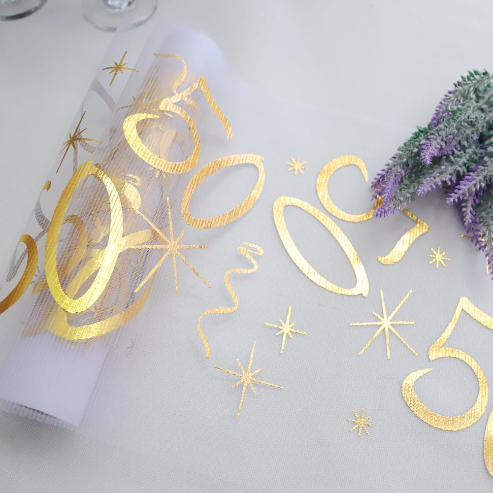 (28x275cm) Happy Birthday Tischläufer 50. Geburtstags Party Deko Zuschneidbares Tischtuch - Transparent / Gold