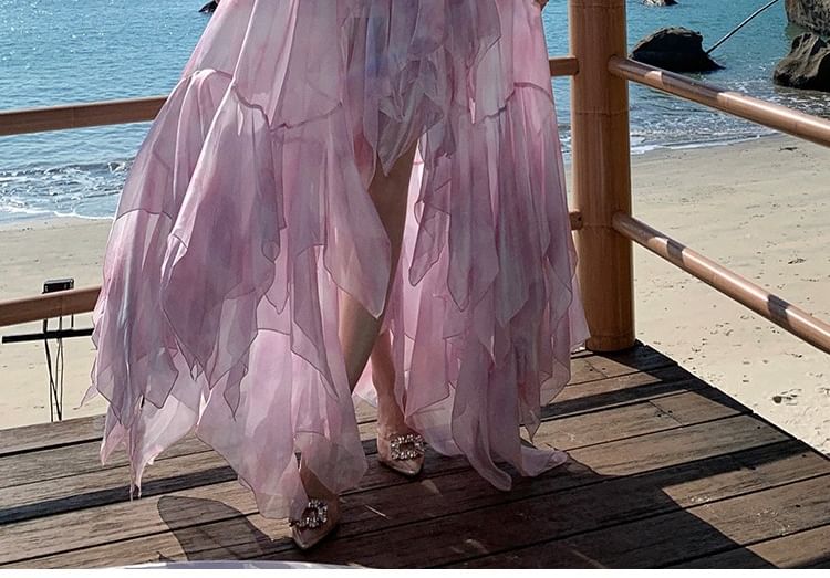 Moanum - Spaghettibandjes Tie Dye Asymmetrische Maxi A-lijn Jurk